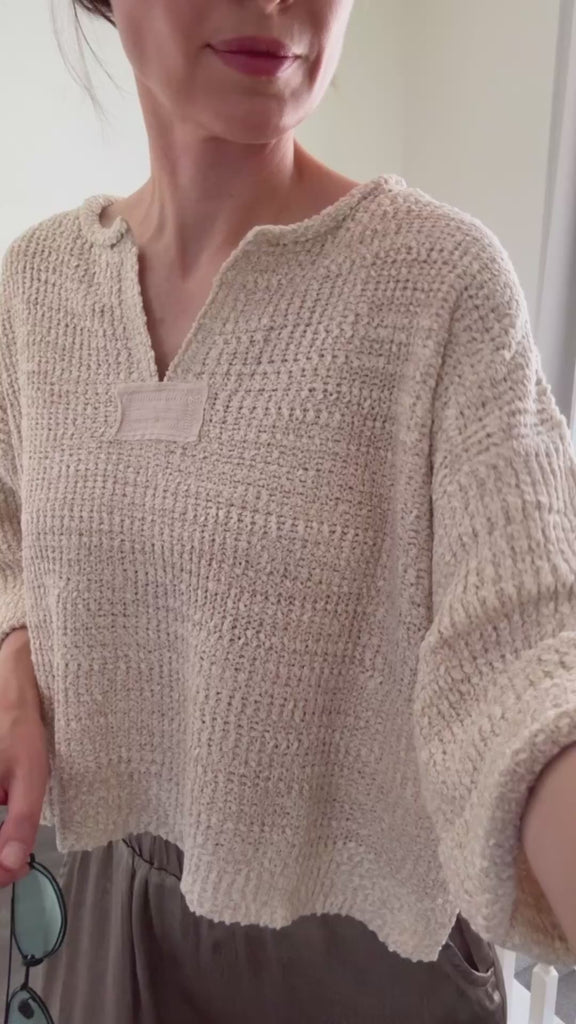 Try-on video of Magnolia Lightweight Cropped Sweater in oatmeal