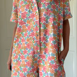 try-on video of Chloe Floral Denim Utility Romper 