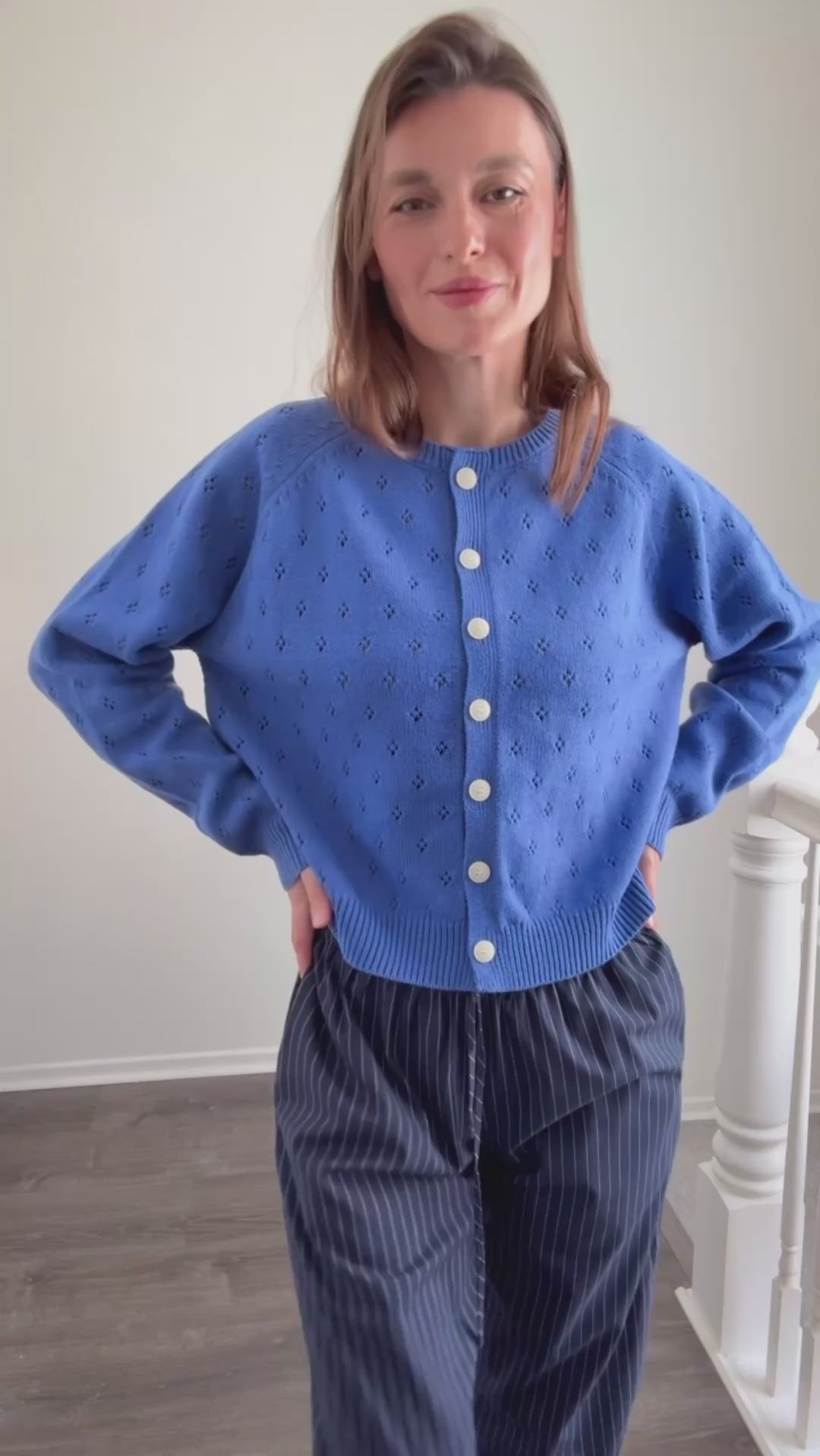 Model wearing Dara Eyelet Button Down Cardigan in Vintage Blue try-on video