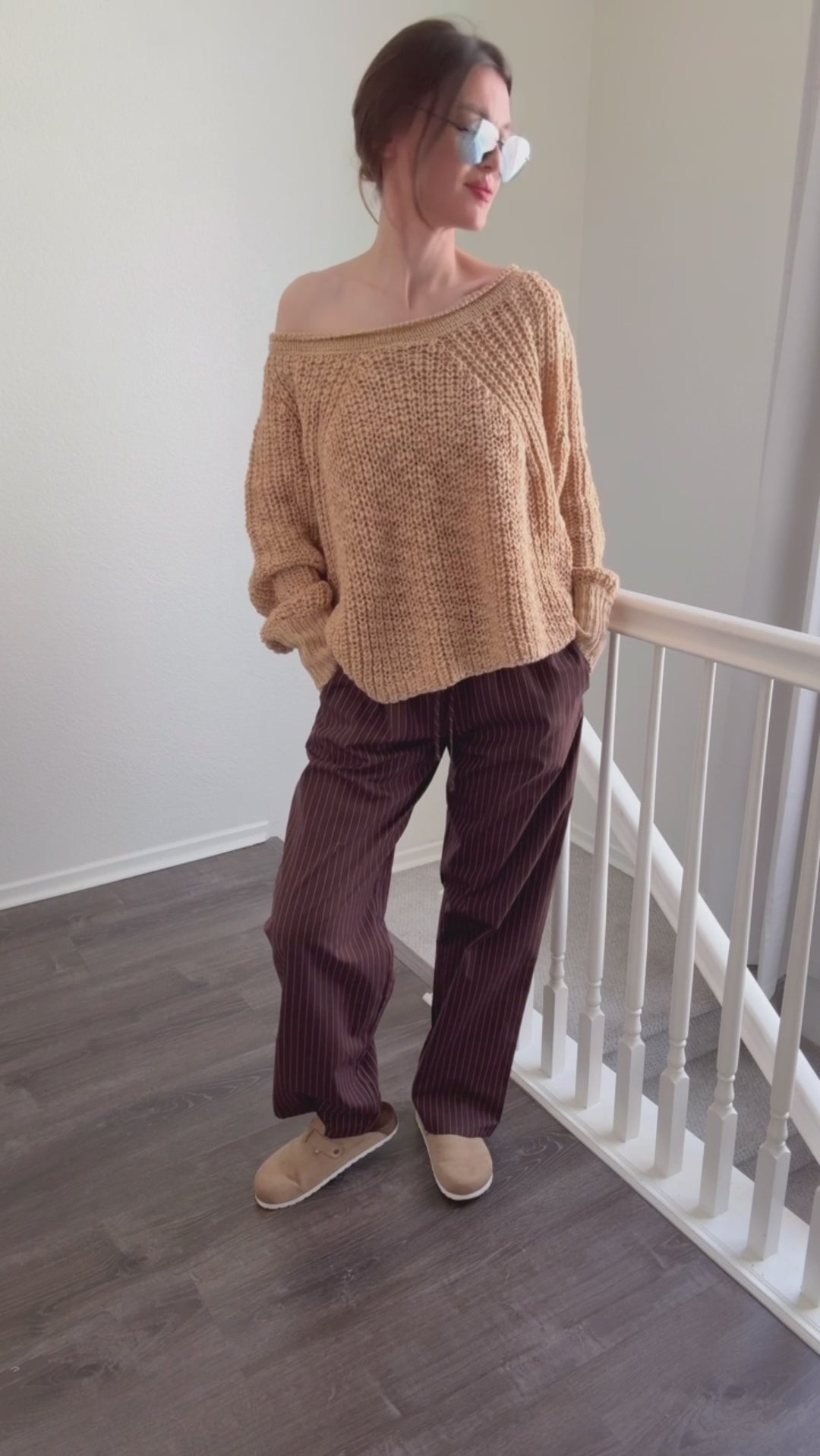 Try-on video of SoftSpun textured boatneck sweater in beige showing relaxed fit and off-shoulder styling