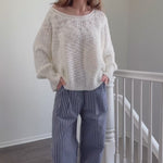 Model wearing Irene Striped Wide Leg Pants in Navy try-on video