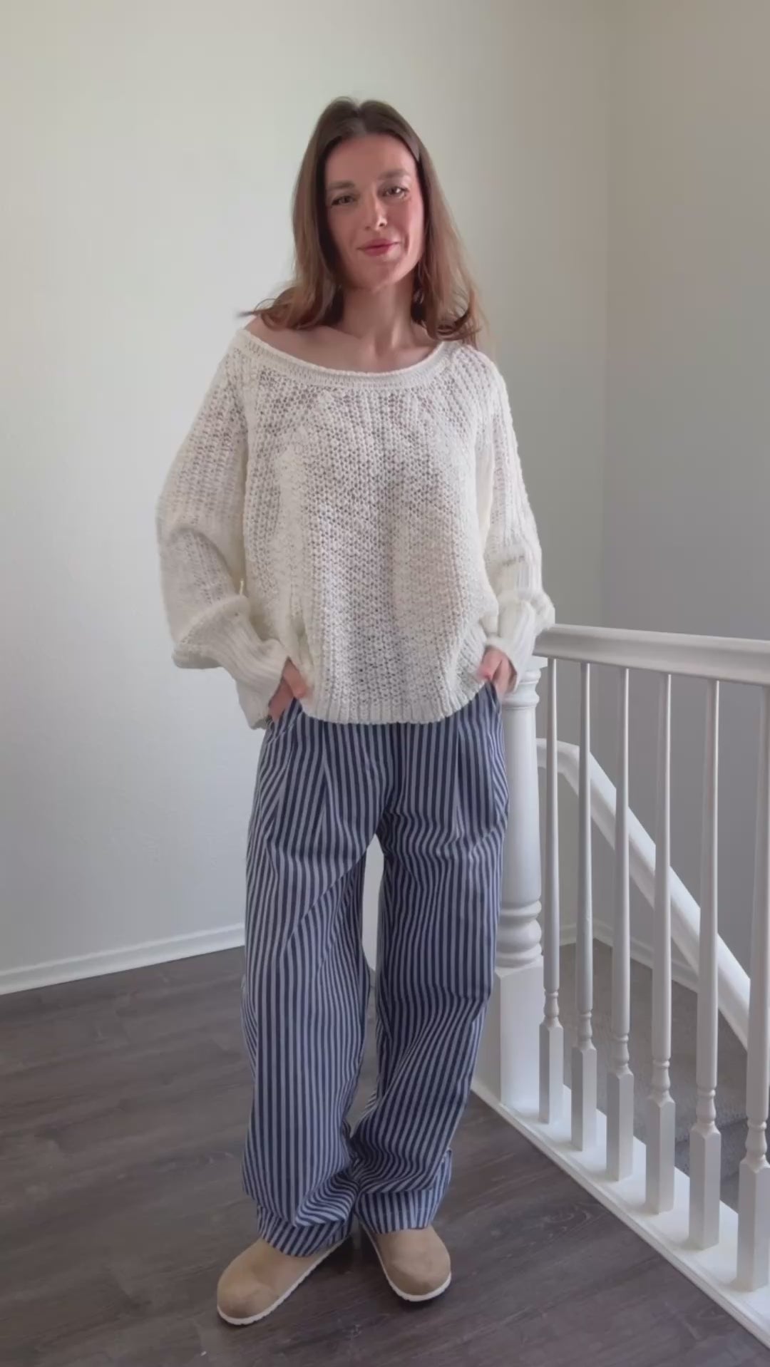 Model wearing Irene Striped Wide Leg Pants in Navy try-on video