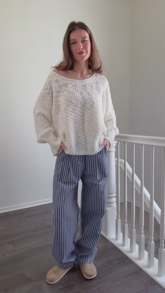 Model wearing Irene Striped Wide Leg Pants in Navy try-on video