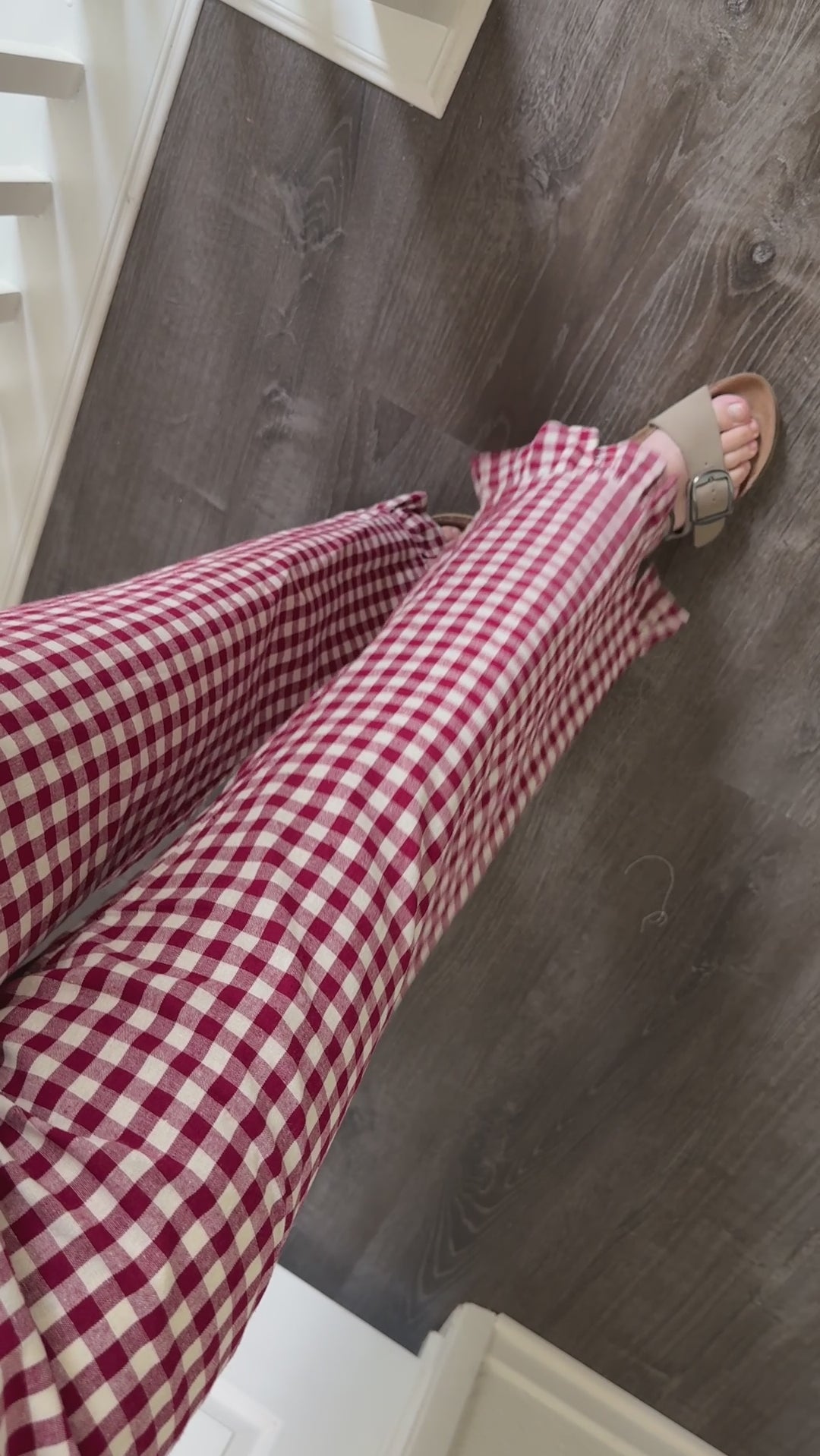 Close-up video of Gingham Ruffle Hem Cotton Pants in Burgundy showing gingham fabric and ruffle hem details