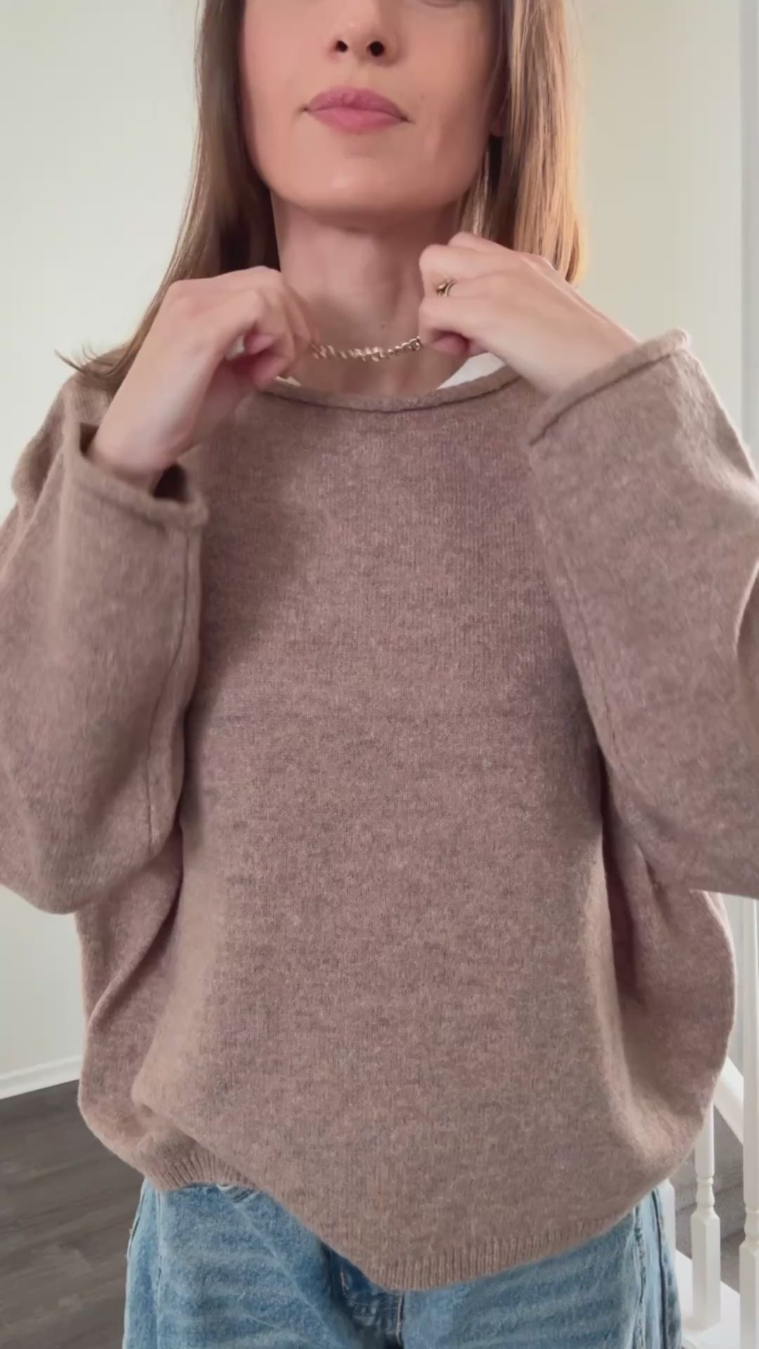 Try-on video of the Piper soft knit crew sweater in mocha showing fit and movement