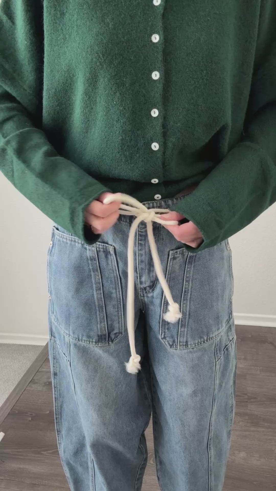 Try-on video of Silverton drawstring barrel jeans in medium wash showing relaxed barrel fit and movement