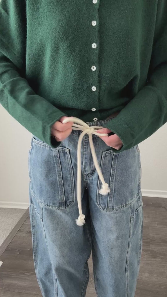 Try-on video of Silverton drawstring barrel jeans in medium wash showing relaxed barrel fit and movement