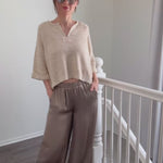 Model wearing Luna Satin Wide Leg Pants in Olive try-on video