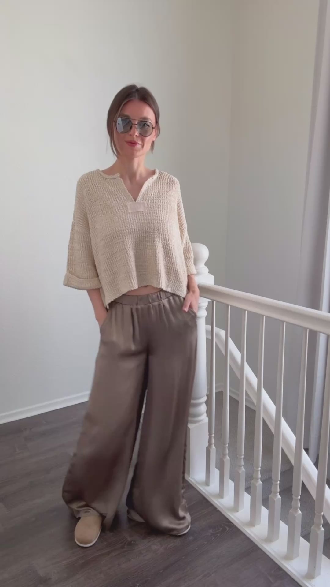 Model wearing Luna Satin Wide Leg Pants in Olive try-on video