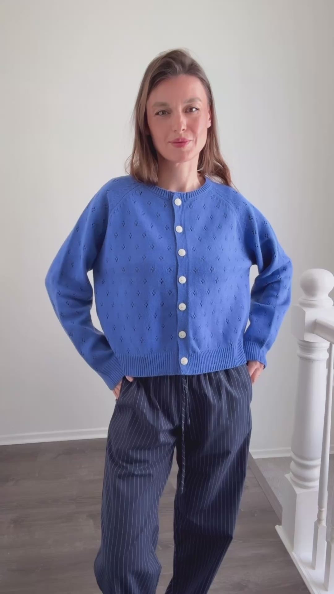 Model wearing Hallie Pinstripe Wide Leg Pants in Navy try-on video