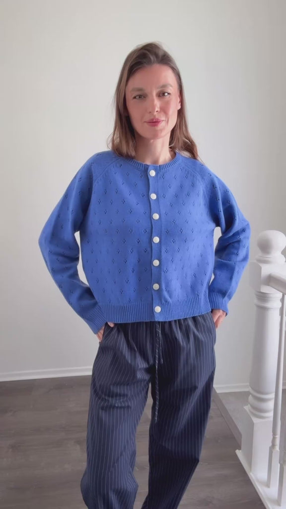 Model wearing Hallie Pinstripe Wide Leg Pants in Navy try-on video