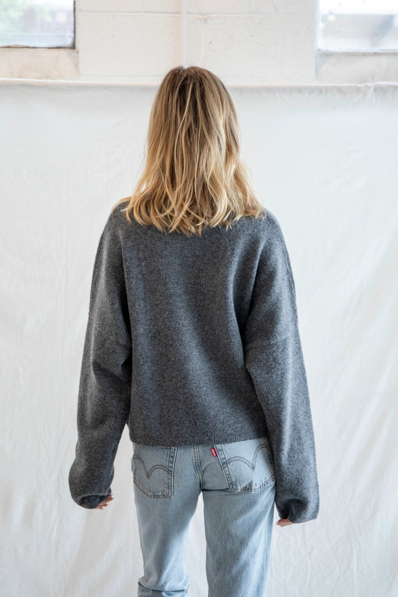 Back view of Puppy Love crew sweater showing relaxed oversized fit