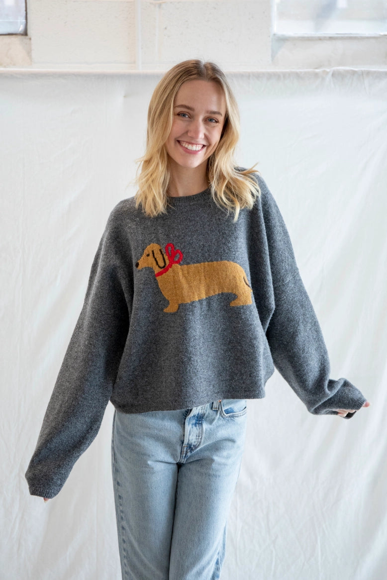 Model is wearing Puppy Love crew sweater in charcoal with relaxed oversized fit