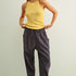 Woman wearing Quinn Loose Cotton Pinstripe Pants in blue and stone with relaxed fit and elastic waist - full casual outfit