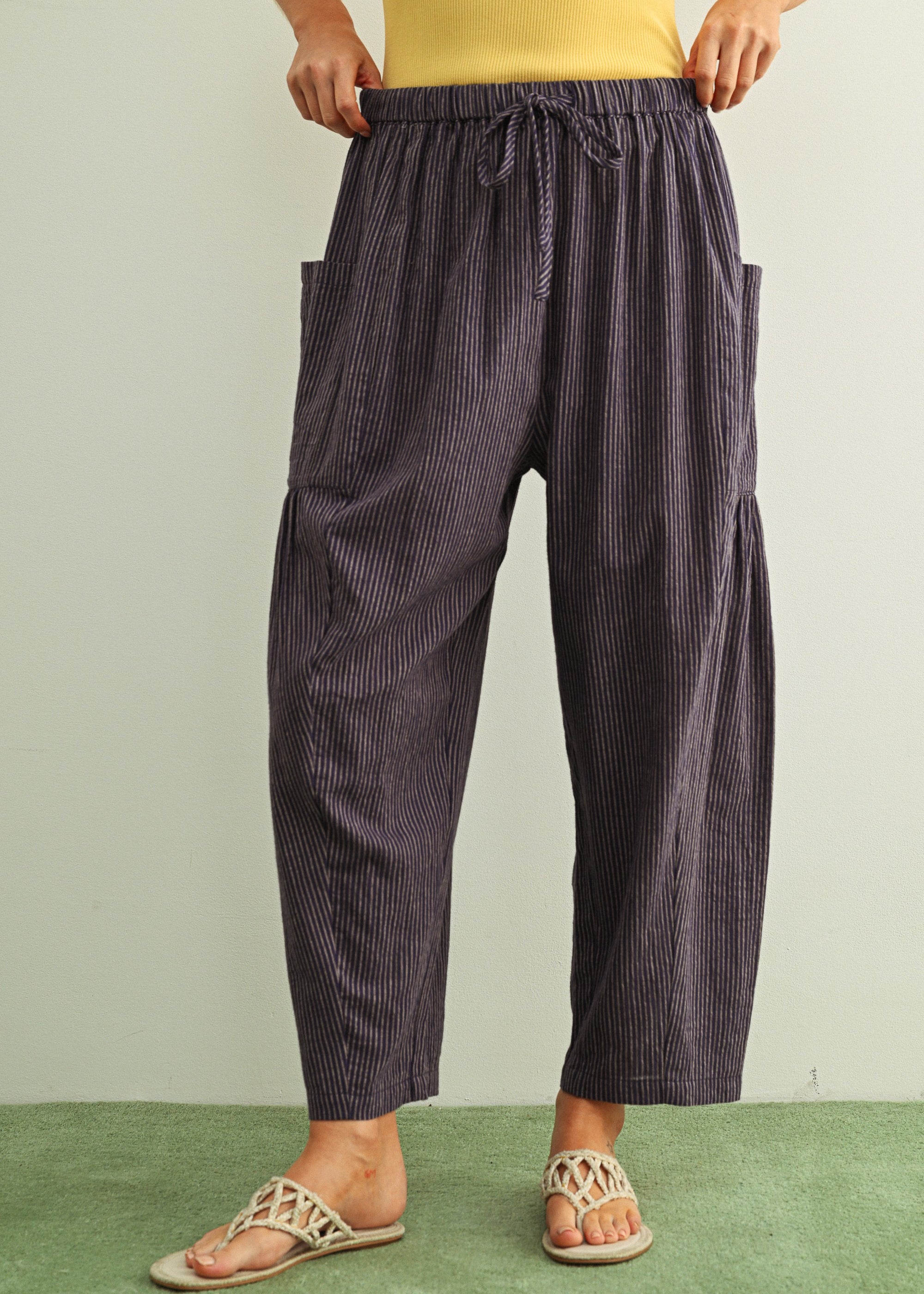 Quinn Loose Cotton Pinstripe Pants in blue and stone with relaxed fit and elastic waist