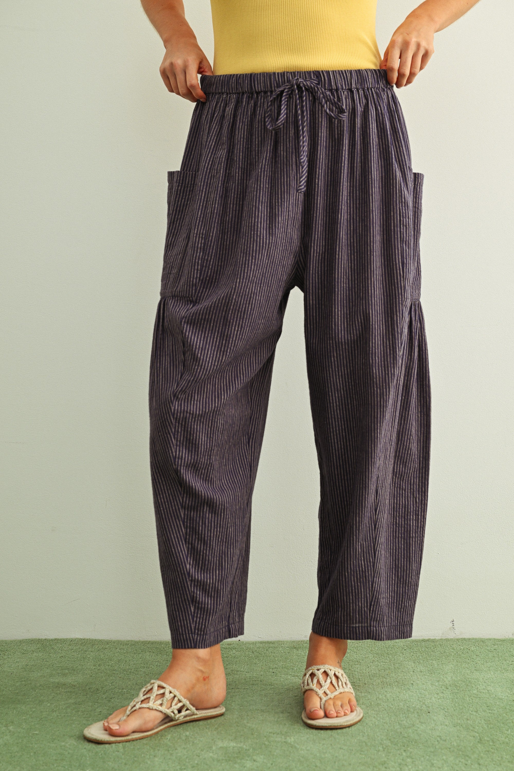 Quinn Loose Cotton Pinstripe Pants in blue and stone with relaxed fit and elastic waist