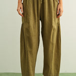 Quinn Loose Cotton Pinstripe Pants in green and stone with relaxed fit and elastic waist