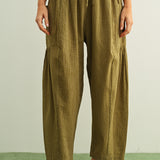 Quinn Loose Cotton Pinstripe Pants in green and stone with relaxed fit and elastic waist