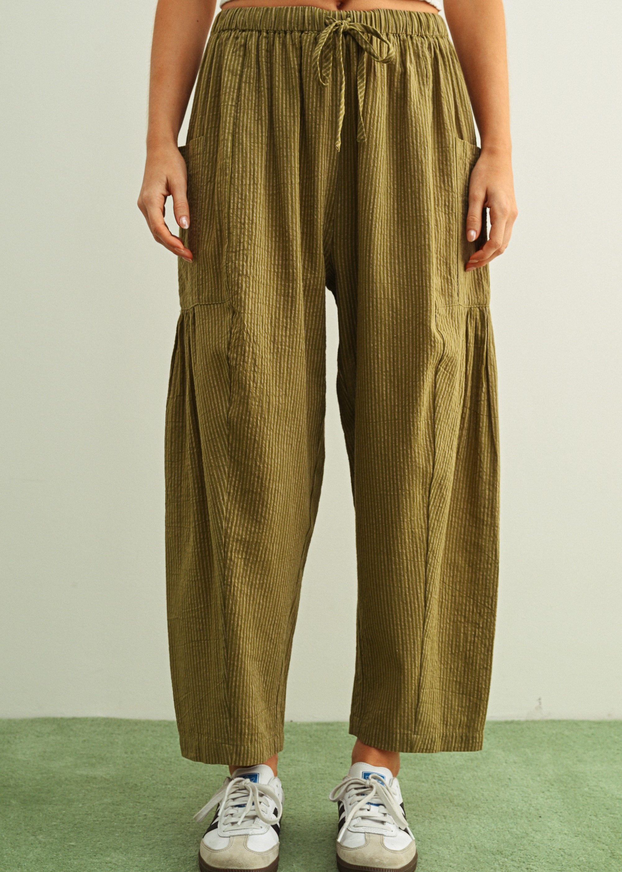 Quinn Loose Cotton Pinstripe Pants in green and stone with relaxed fit and elastic waist