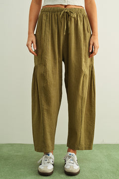 Quinn Loose Cotton Pinstripe Pants in green and stone with relaxed fit and elastic waist