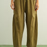 Quinn Loose Cotton Pinstripe Pants in green and stone with relaxed fit and elastic waist