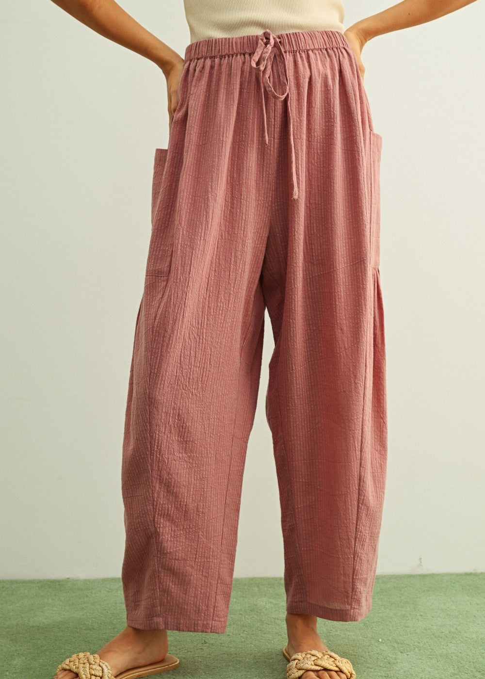 Quinn Loose Cotton Pinstripe Pants in pink and stone – relaxed fit with elastic waist and side pockets