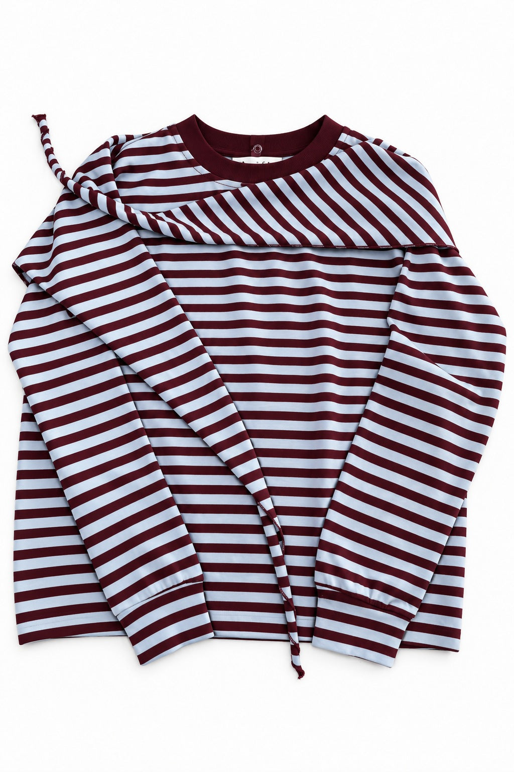 Remi burgundy wine and blue striped cotton sweatshirt with matching triangle scarf, flat lay
