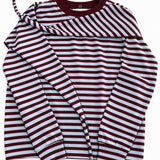 Remi burgundy wine and blue striped cotton sweatshirt with matching triangle scarf, flat lay