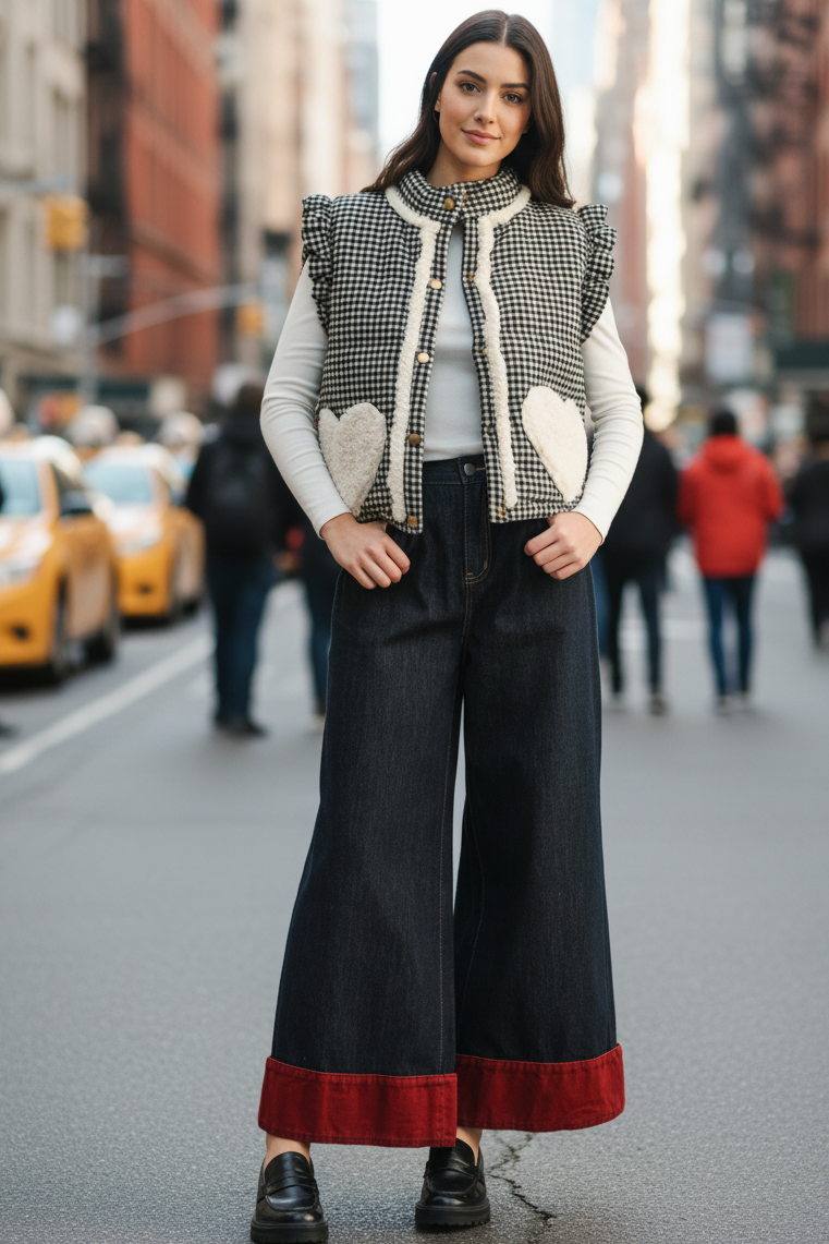 Outdoor street-style photo of the Rosie gingham sherpa puffer vest in black, front view while walking