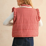 Back view of the red gingham puffer vest showing quilted texture and relaxed fit