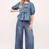 Amara Bow Denim Blouse (Short Sleeve) - Denim