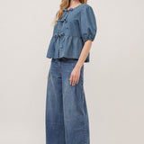 Amara Bow Denim Blouse (Short Sleeve) - Denim