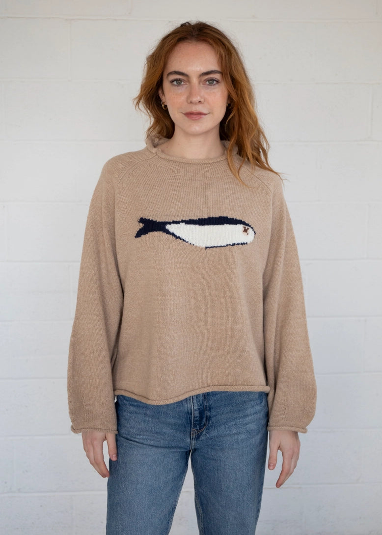 Front view of the Sardine Balloon Sleeve Sweater in oat showing balloon sleeves and crew neckline