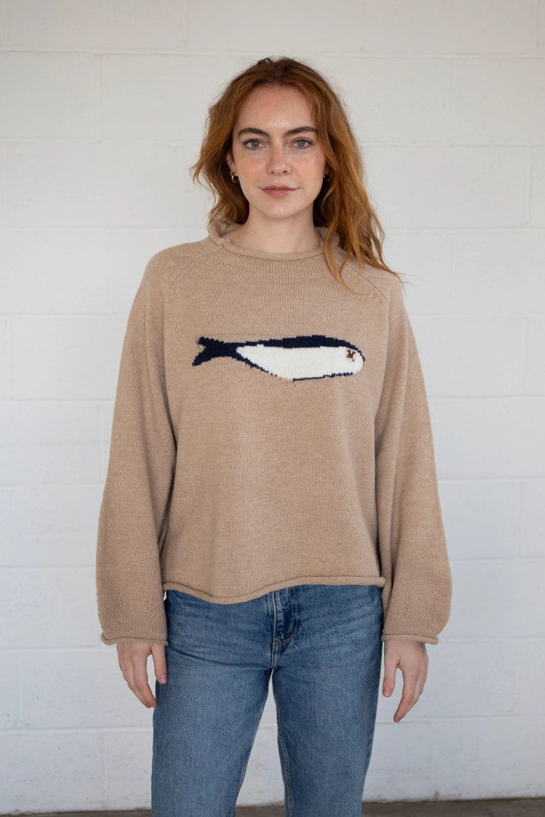 Front view of the Sardine Balloon Sleeve Sweater in oat showing balloon sleeves and crew neckline