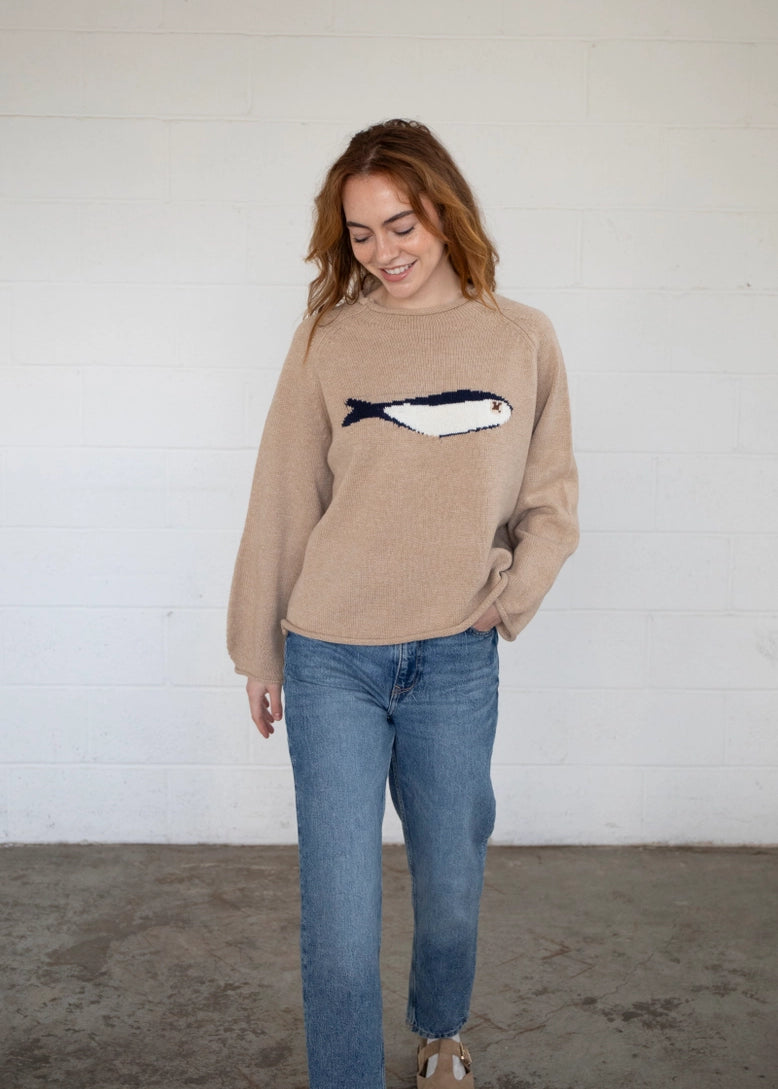 Full-body front view of the Sardine Balloon Sleeve Sweater in oat with relaxed fit