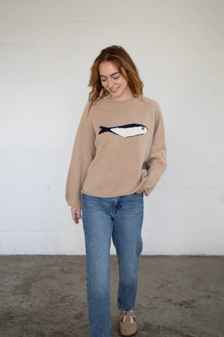 Full-body front view of the Sardine Balloon Sleeve Sweater in oat with relaxed fit