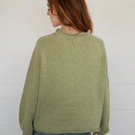 Back view of the olive balloon sleeve sweater showing relaxed silhouette