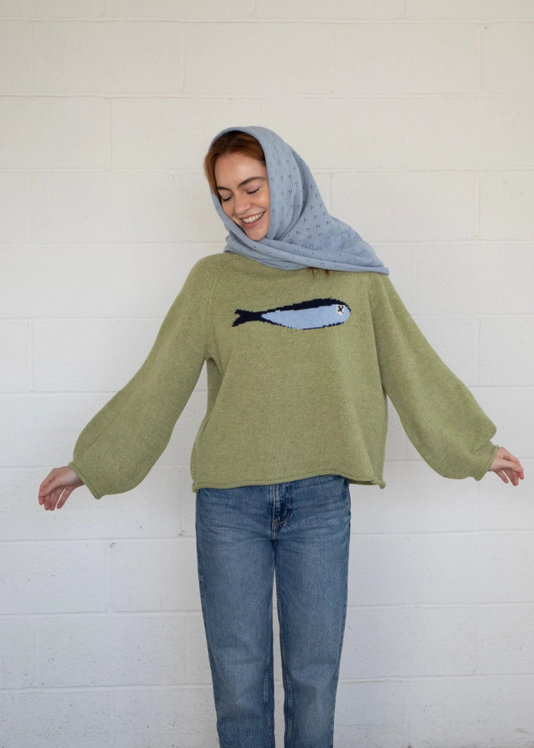 Front view of the Sardine Balloon Sleeve Sweater in olive showing relaxed fit and balloon sleeves
