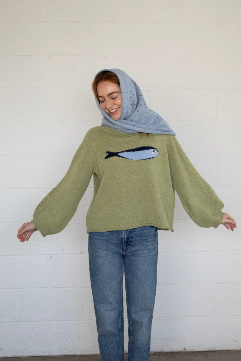 Front view of the Sardine Balloon Sleeve Sweater in olive showing relaxed fit and balloon sleeves