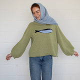 Front view of the Sardine Balloon Sleeve Sweater in olive showing relaxed fit and balloon sleeves