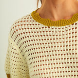 Close-up of scalloped neckline and mesh knit texture on cream cotton short sleeve top