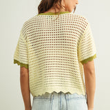 Scalloped Mesh Knit Short Sleeve Top - Cream/Sage