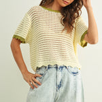 Scalloped mesh knit short sleeve top in cream with sage trim styled with casual outfit