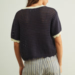 Back view of Scalloped Mesh Knit Short Sleeve Top in navy and cream, featuring an open knit texture and easy short sleeve silhouette.