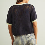 Back view of Scalloped Mesh Knit Short Sleeve Top in navy and cream, featuring an open knit texture and easy short sleeve silhouette.