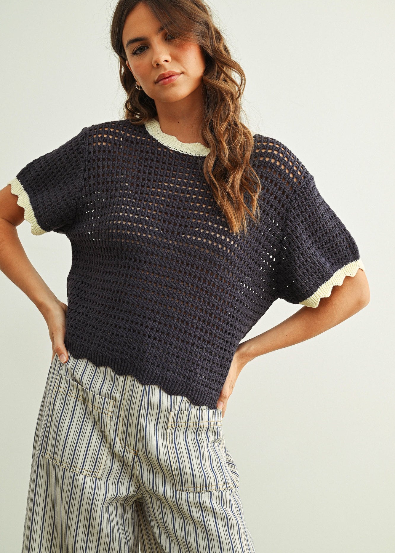 Scalloped Mesh Knit Short Sleeve Top in navy and cream, front view with short sleeves, open mesh knit texture, and scalloped neckline.