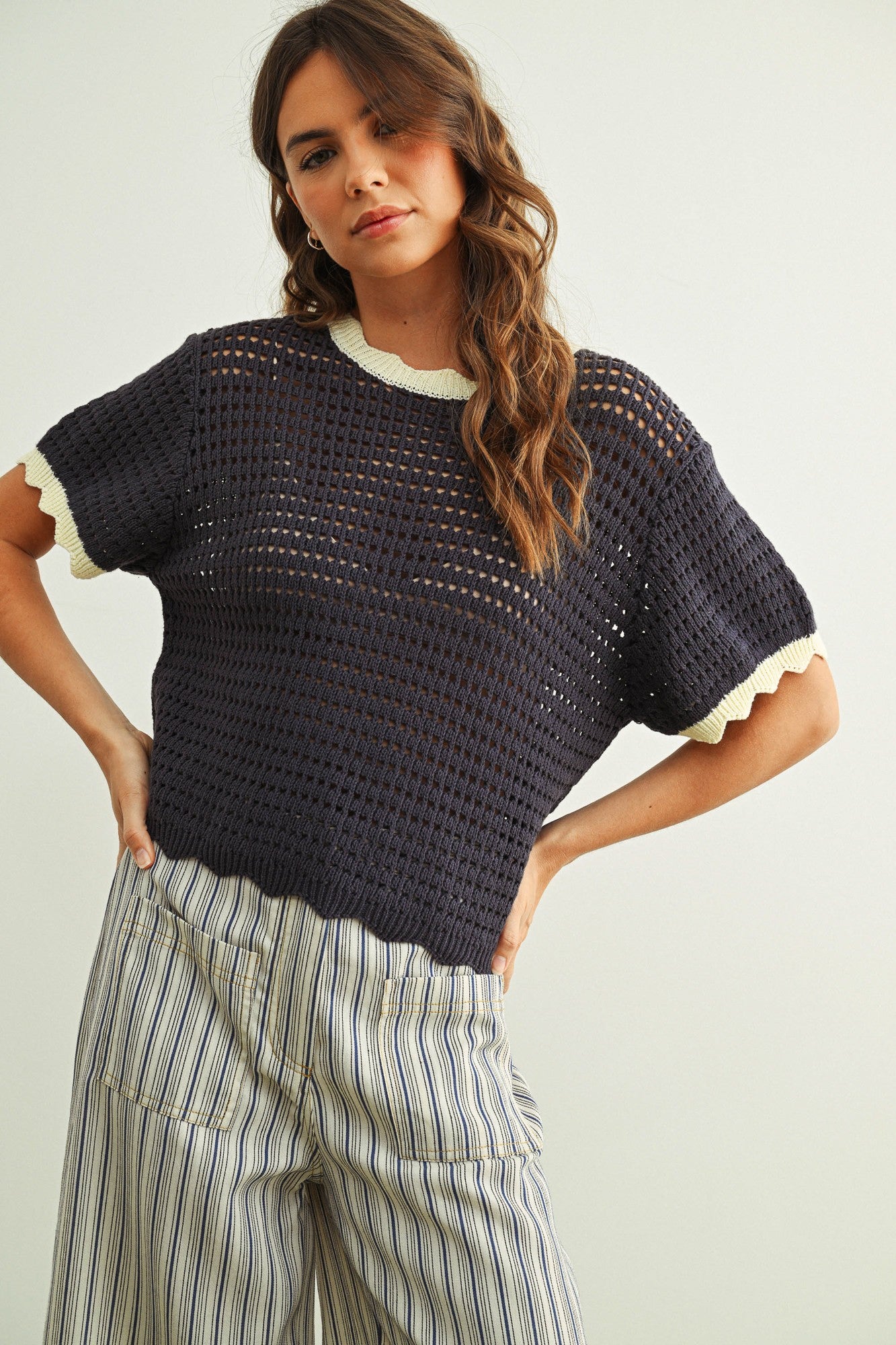 Scalloped Mesh Knit Short Sleeve Top in navy and cream, front view with short sleeves, open mesh knit texture, and scalloped neckline.