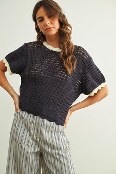 Scalloped Mesh Knit Short Sleeve Top in navy and cream, front view with short sleeves, open mesh knit texture, and scalloped neckline.