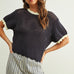 Scalloped Mesh Knit Short Sleeve Top in navy and cream, front view with short sleeves, open mesh knit texture, and scalloped neckline.