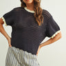 Scalloped Mesh Knit Short Sleeve Top in navy and cream, front view with short sleeves, open mesh knit texture, and scalloped neckline.